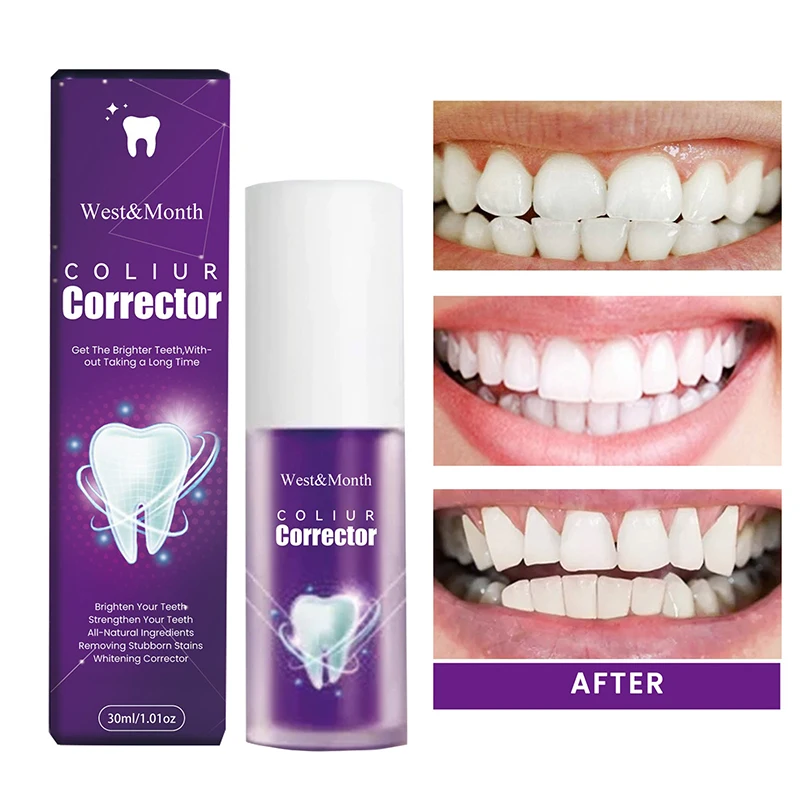 Creme dental branqueador roxo, remove manchas, reduzir amarelamento, cuidar das gomas dentárias, clareamento da respiração fresca, 30ml