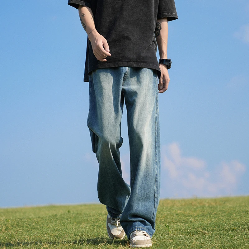 

Blue Men's Jeans Loose Wide Leg Thin Straight Tube Long Trousers Retro Cityboy Style Autumn Fashionable Casual Loose Fit