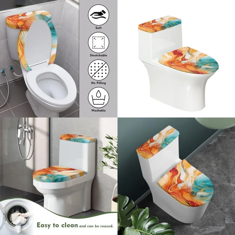 

Orange Teal Marble Toilet Lid Tank Cover 2 Set for Bathroom Round Seat Toilet with Quiet Close Feature Durable and Stylish Deco