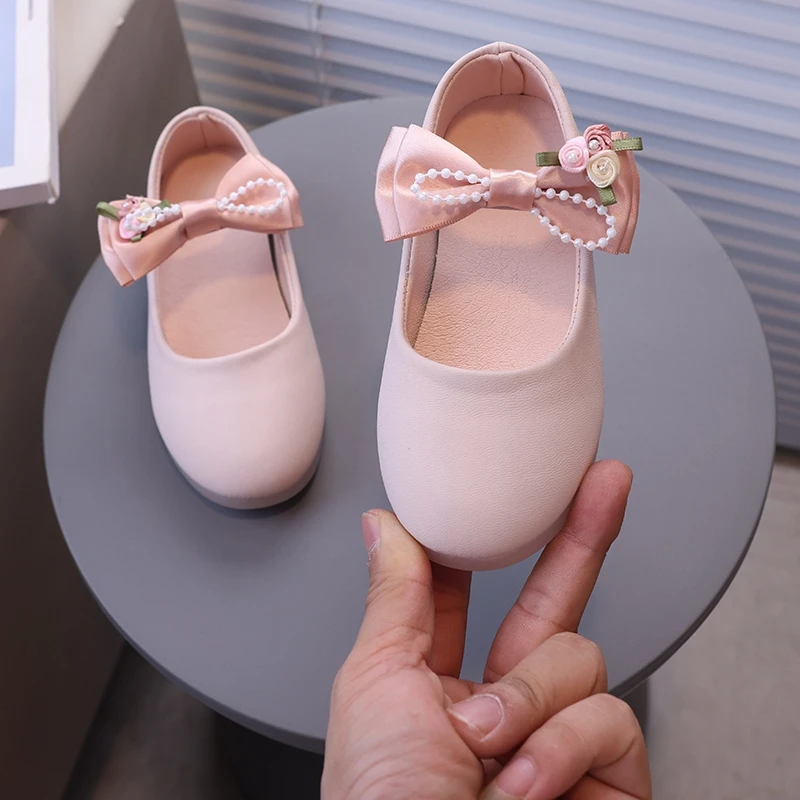 Kids PU Leather Shoes Girls Princess Shoes Baby Girl Simple Flower Bowknot Flats Mary Janes Child Baby Toddlers Baptism Shoes