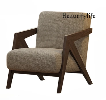 

Medieval style living room single sofa designer high-end ash wood balcony cotton and linen leisure chair