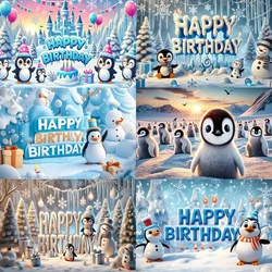 Cute Cartoon Penguin Theme Background Kids Happy Birthday Winter Polar Bear New Year Party Blue Decoration Poster Banner Gift
