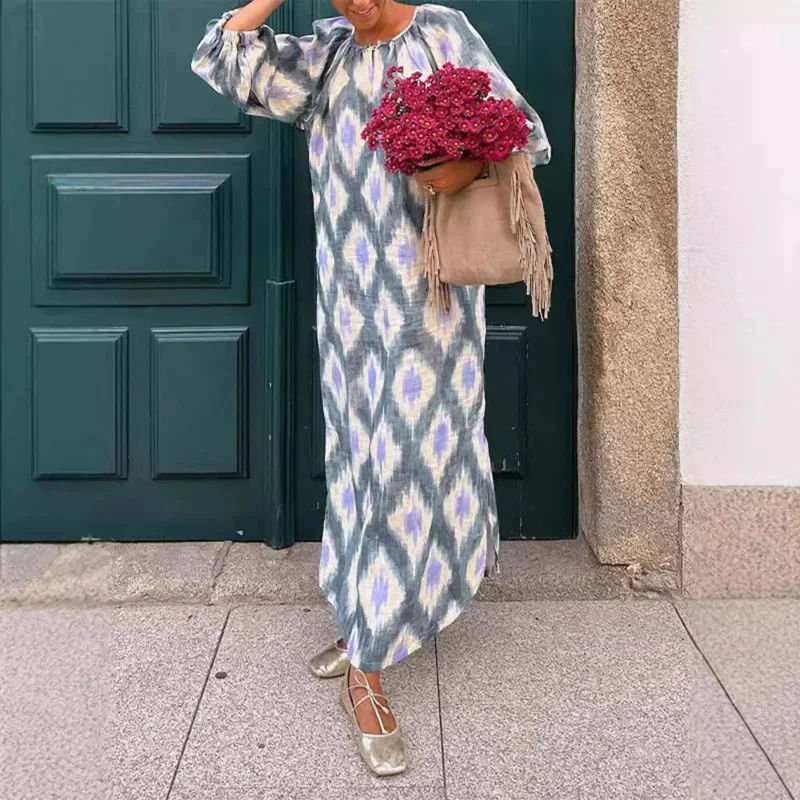 

Fashion Geometric Print Puff Half Sleeve Maxi Dress Women Loose Round Pleated Neck Vestidos 2024 Summer Elegant Lady Party Robes