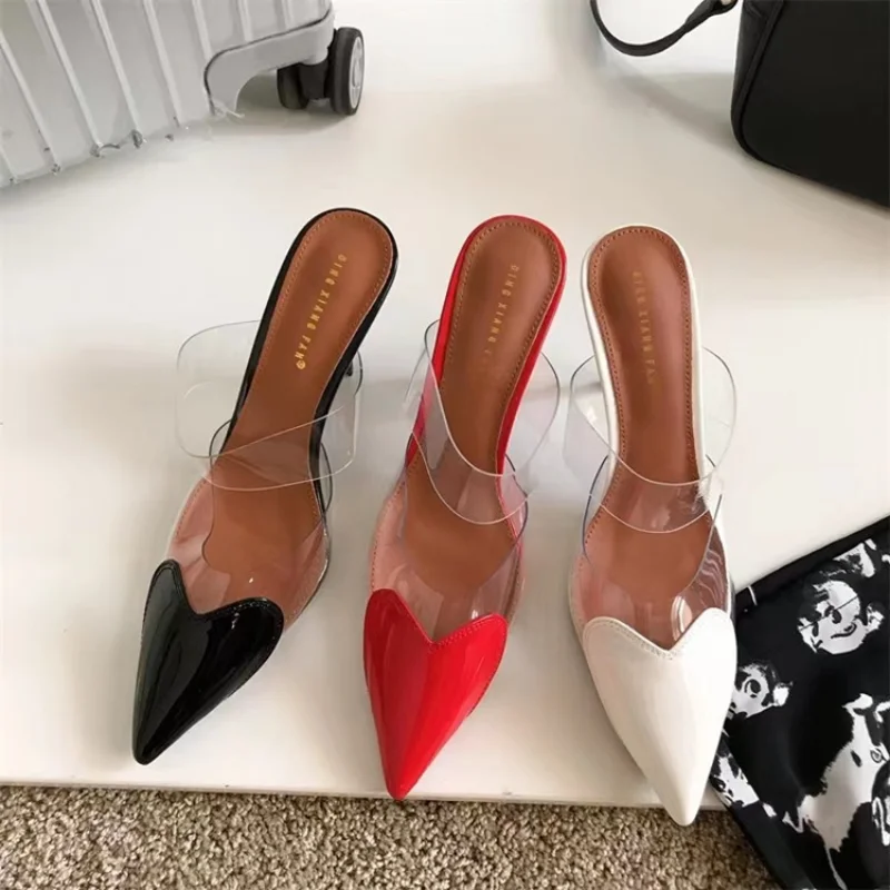 PVC Women Mules Pointed Toe Slip On Patchwork Hearts Patent Leather Elegant Thin High Heel   Lady Pumps