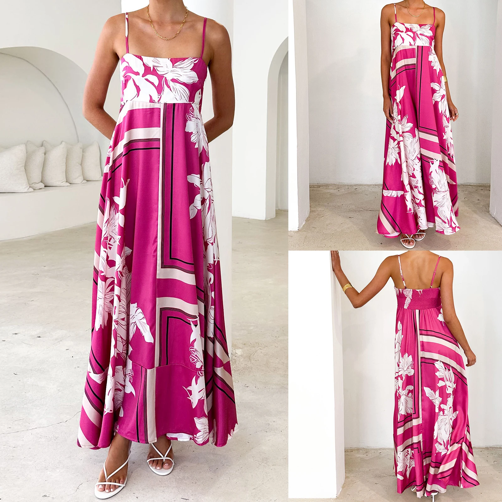 2025 Women's Long Cami Dress Stripe/Dot Print Spaghetti Strap Backless A-Line Flowy Dress