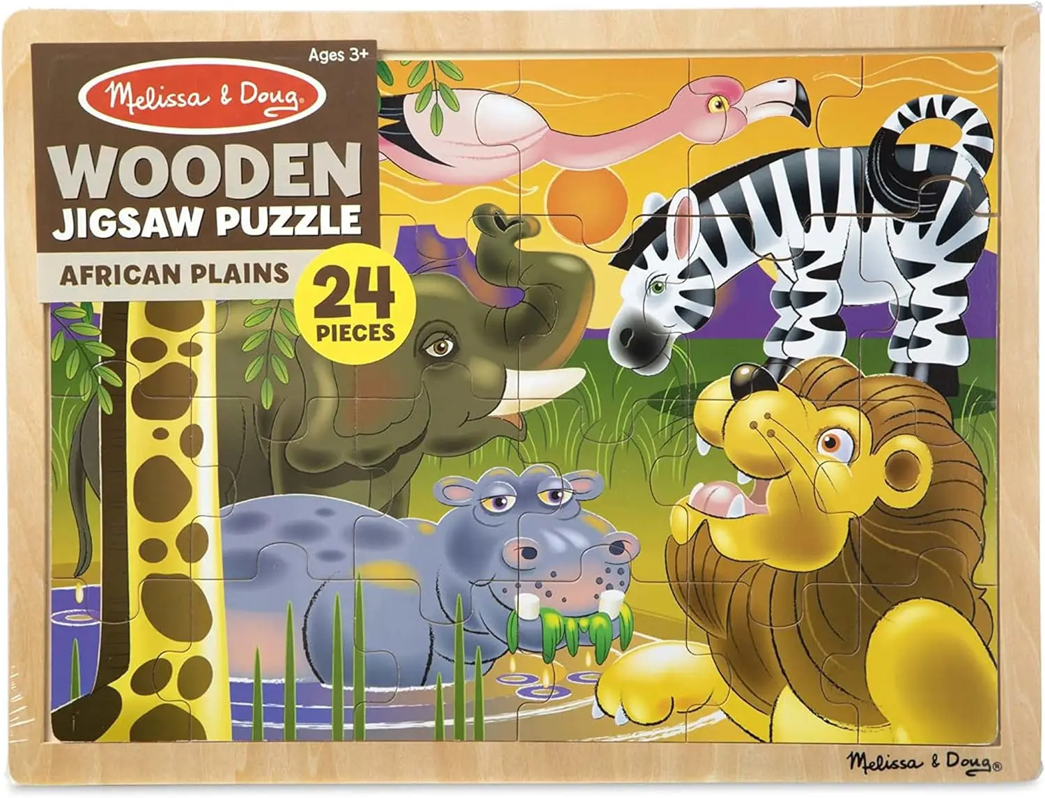 Melissa & Doug ตัวต่อจิกซอว์ไม้ซาฟารีเรียบสไตล์แอฟริกันพร้อมถาดเก็บ (24ชิ้น)