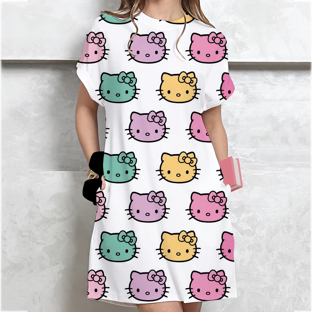 Mulheres casual manga curta t camisa vestido vintage olá kitty impressão solta mini vestido elegante simples mini vestido streetwear vestido de verão