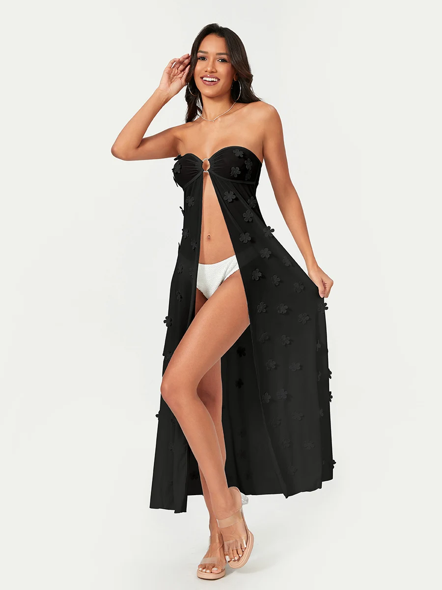 Robe de plage transparente sans bretelles pour femmes, cover-up orné de fleurs, tenue de bain d'été