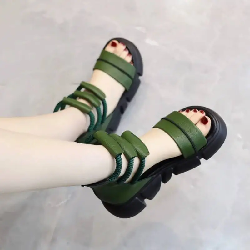 

2025 New Women's Shoes Thick Heeled Sandals For Women Open-toe Hollow Fashionable Casual Designer Flat Roman Summer