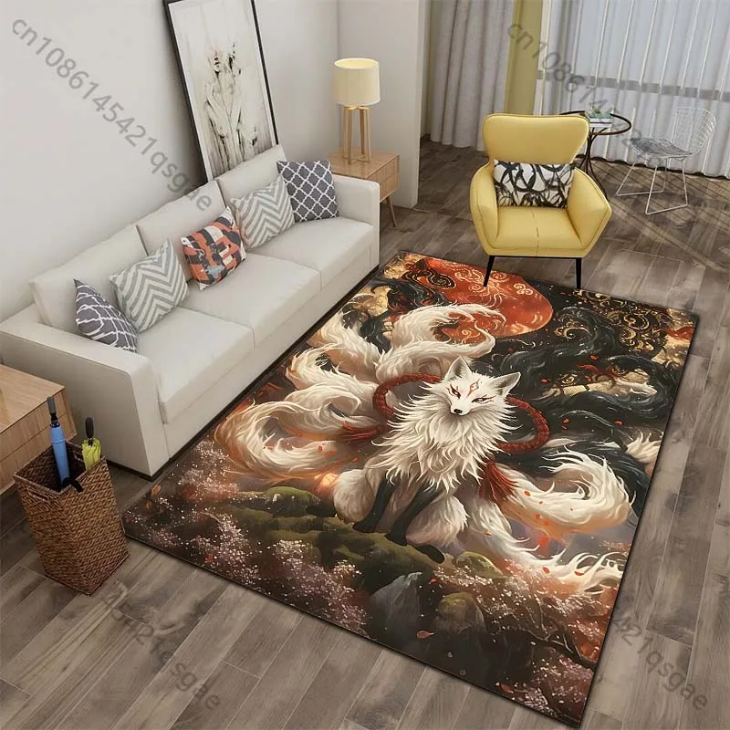 Kitsune white fur red cord dark smoke moon Print Carpet for Living Room Bedroom Sofa Home Decor Non-slip Mat Luxury Gift
