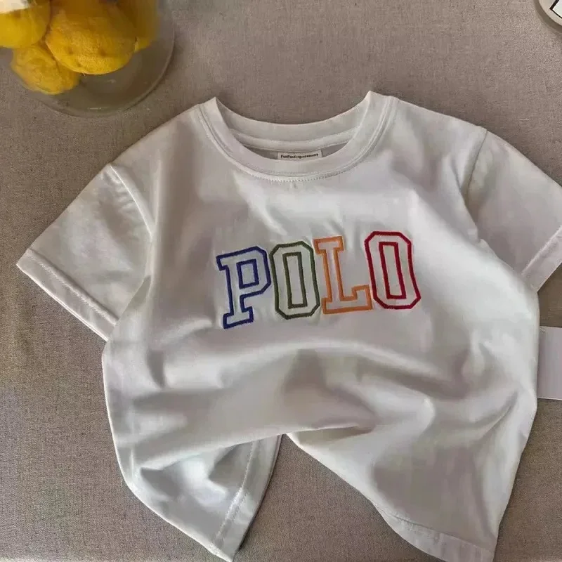 2026 Summer Korean Style Simple Pure Cotton Fashion Letter Print T-Shirt Children Suitable for Boys Girls' Everyday Casual Wear.