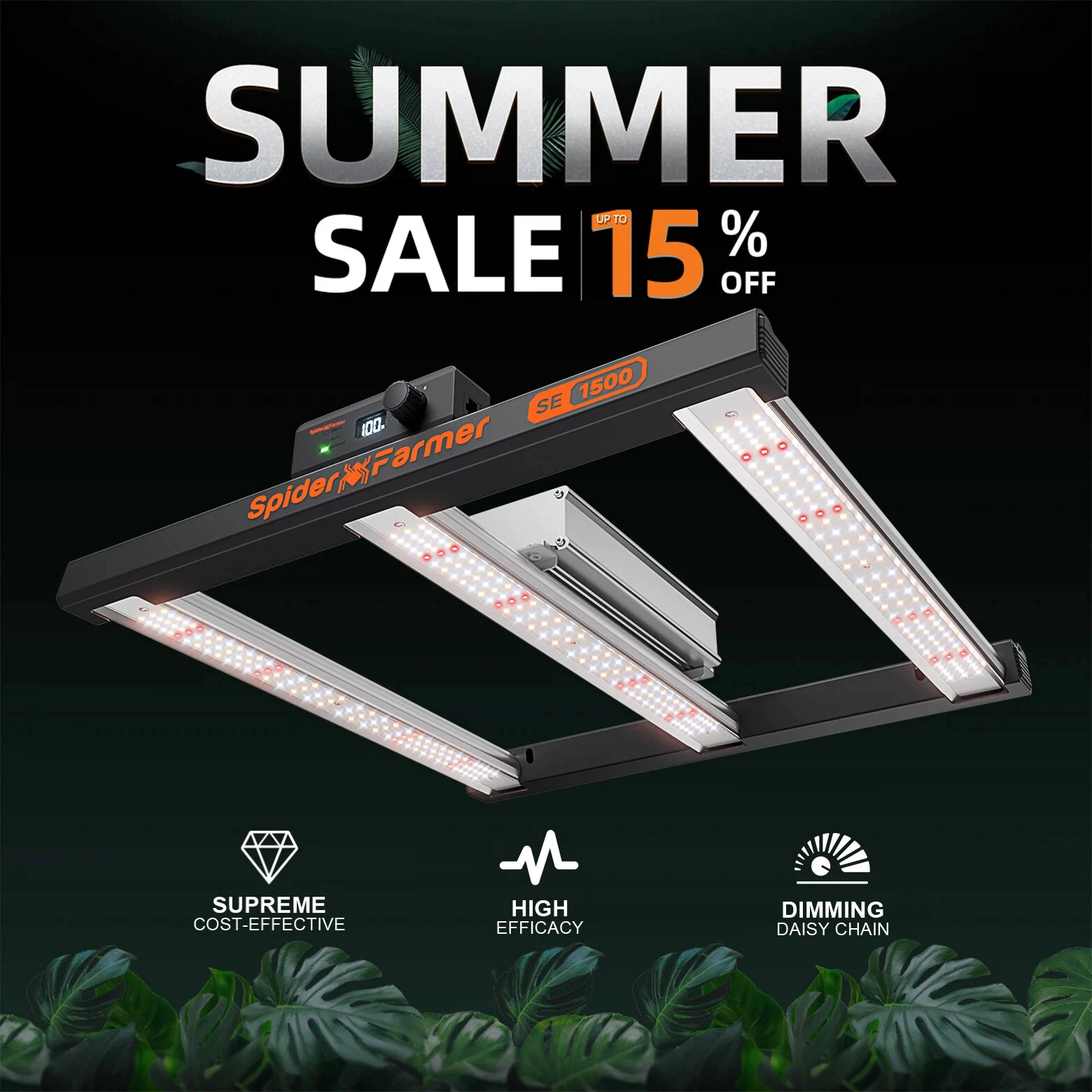 Spider Farmer SE1500 150W Led Grow Light Dimmable High Efficacy for 2x2FT