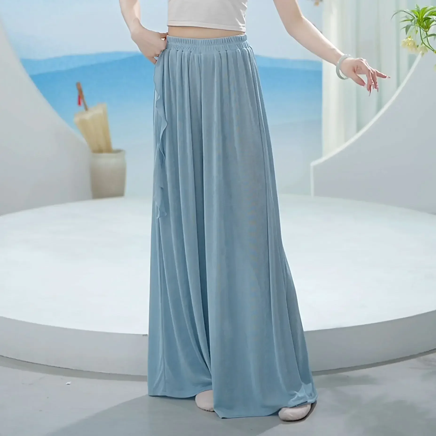 classical-dance-pants-female-teacher-adult-design-pleated-streamer-wide-leg-pants-daily-body-training-pants