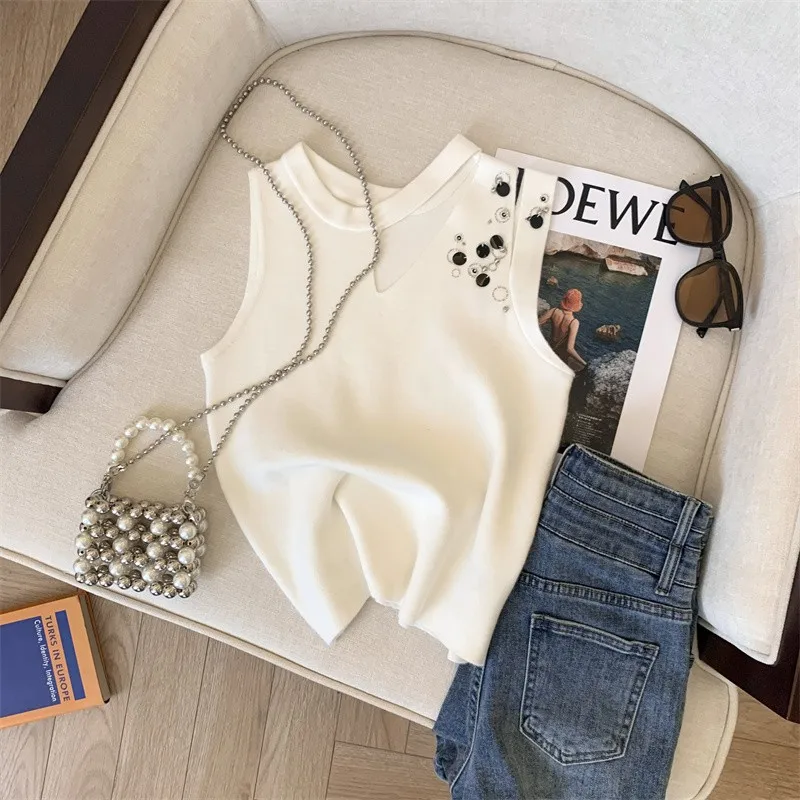 White Stylish Slim Knit Sweater Vests Women\'s Crop Tops 2024 Summer Sleeveless Hollow Out Tees Sexy Fashion Streetwear Vest