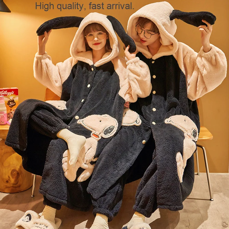 

Fleece Couple Coral Pajamas Autumn and Winter Flannel Cute Autumn and Winter Thickened Men's Ladies' Robe Homewear Suit