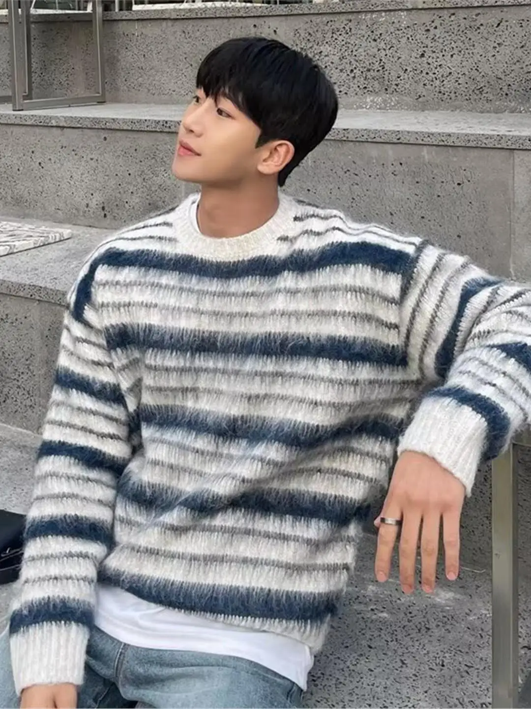 

Винтажный вязаный свитер в полоску с круглым вырезом, осенне-зимний, повседневный, удобный, теплый, модный, в стиле «ленивый шик»