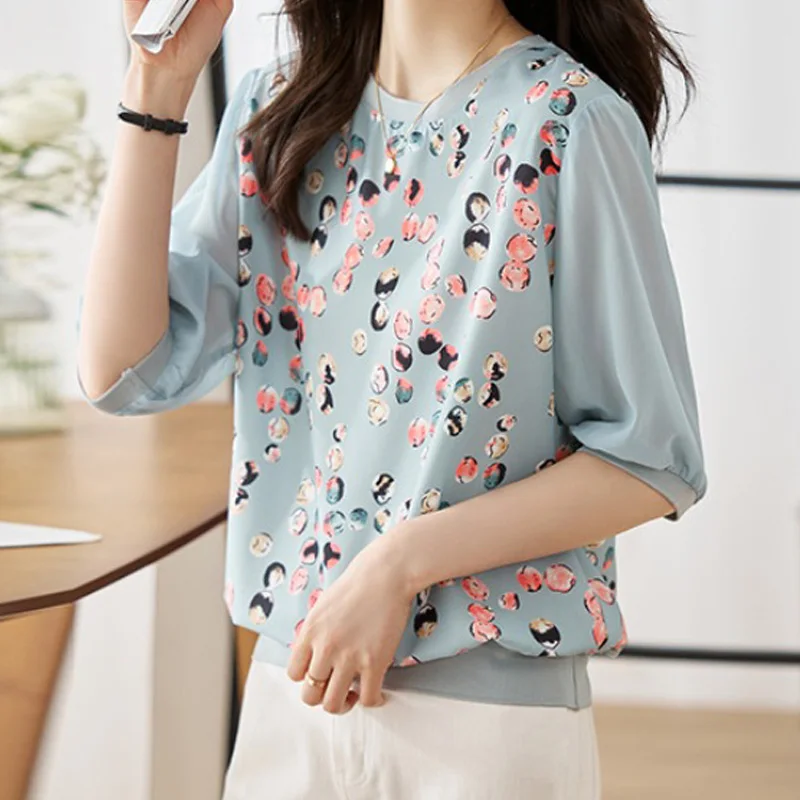 EVNISI Woman Sweet Floral Printed Chiffon Blouse O-neck Short Sleeve Casual Shirt Spring For Woman Fashion Office Tees 2024