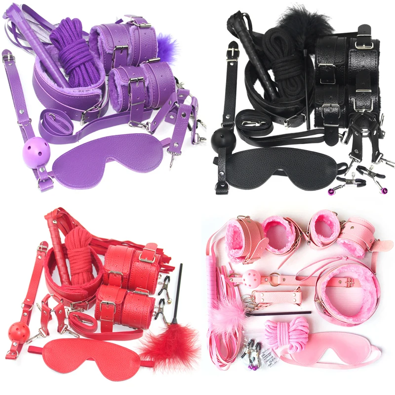 10pcs BDSM Leather Kits Sex Bondage Set Collar Handcuffs Gag Whip Nipple Rope Clamps Erotic Sex Toys for Women Couples Adult