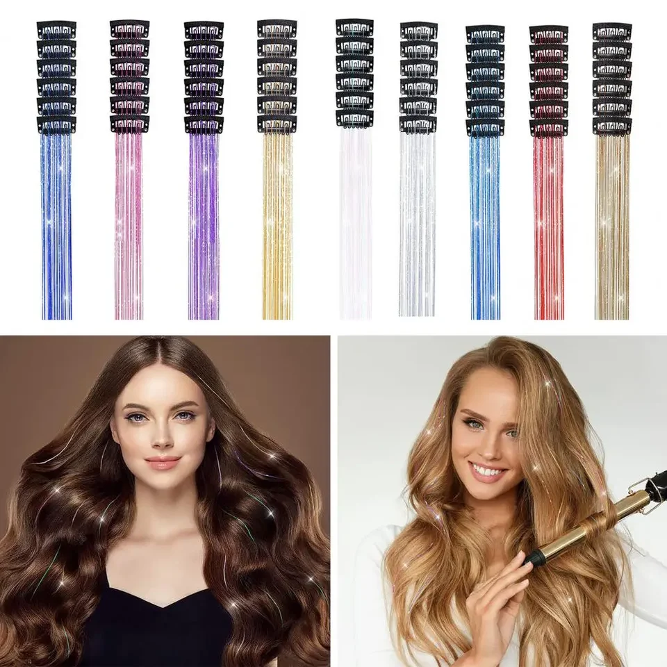 6 Piezas 50cm Brillante Tinsel para Cabello Extensiones Tinsel Sintético Clip Extensiones para Mujeres para Trenzas Tocados 6