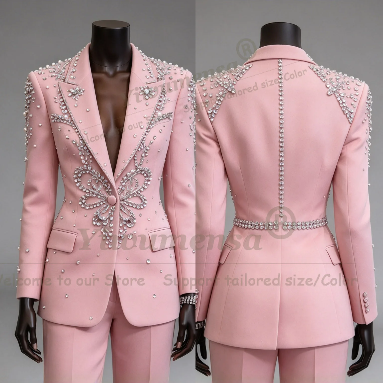 Handmade Pink Pants Suit Set For Women Sparkly Beaded Stones Prom Blazer Customized Single Breasted Lady Business Party Tuxedo