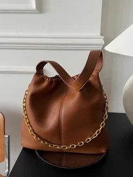 Brown Fashion Chain Genuine Leather Women Tote Bucket Bag\Handbag Real Leather Lady Shoulder Underarm Commuter Crossbody Bag Big