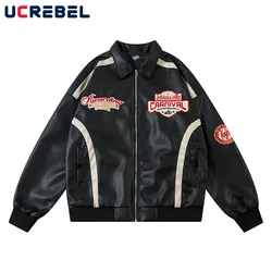 Letter Embroidery Spliced PU Leather Jacket Mens Autumn High Street Lapel Long Sleeve Motorcycle Jacket Men Outerwear