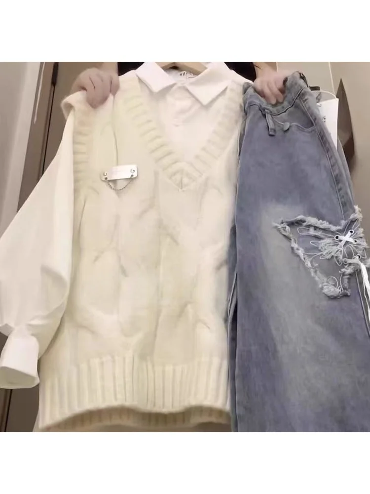 

Женский вязаный жилет с V-образным вырезом, повседневный, в студенческом стиле, для многослойных образов, осенне-зимний, свободного кроя, из смесового полиэстера