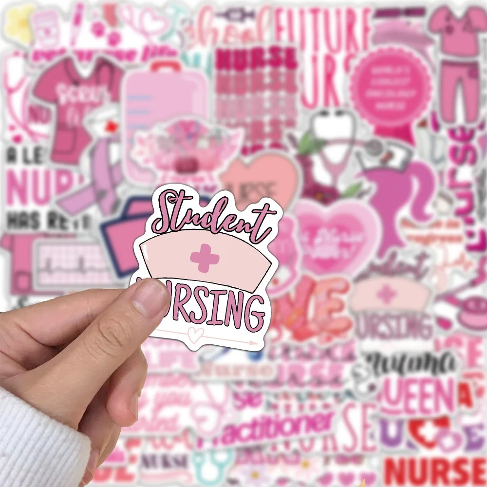 50PCS Creative Pink Nurse Cartoon Creative Calligraphy Academy Style Stickers Handbooks Decoration Waterproof Stickers