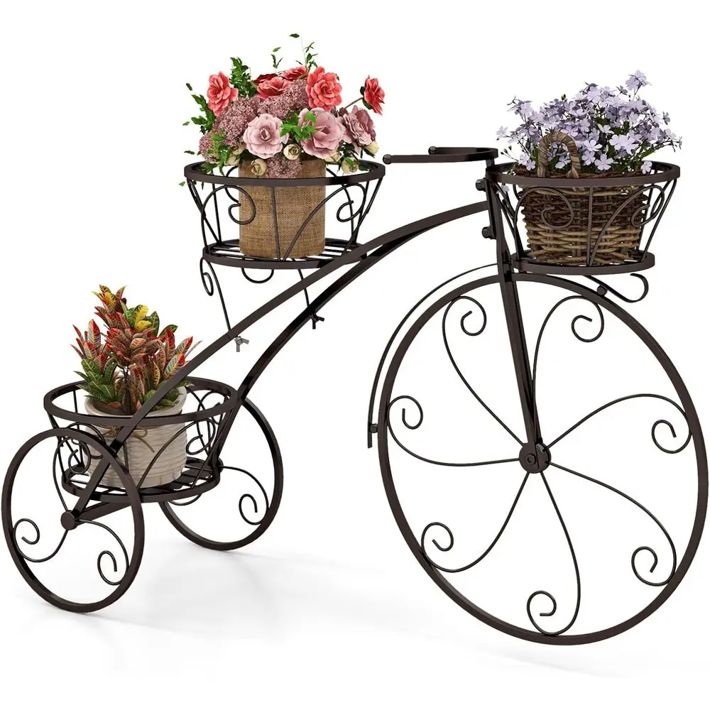 

3-Tier Tricycle Plant Stand with Decorative Wheels, Parisian Style, Suitable for Indoor and Outdoor Use (Bronze)