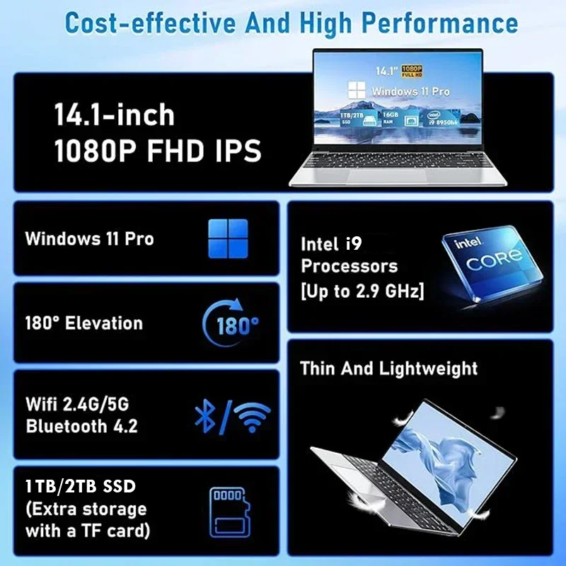 14,1-calowy komputer przenośny z systemem Windows 11 Pro Ekran Intel Core i9 8950hk HD 16 GB RAM 1 TB 2 TB SSD Gaming PC Gamer