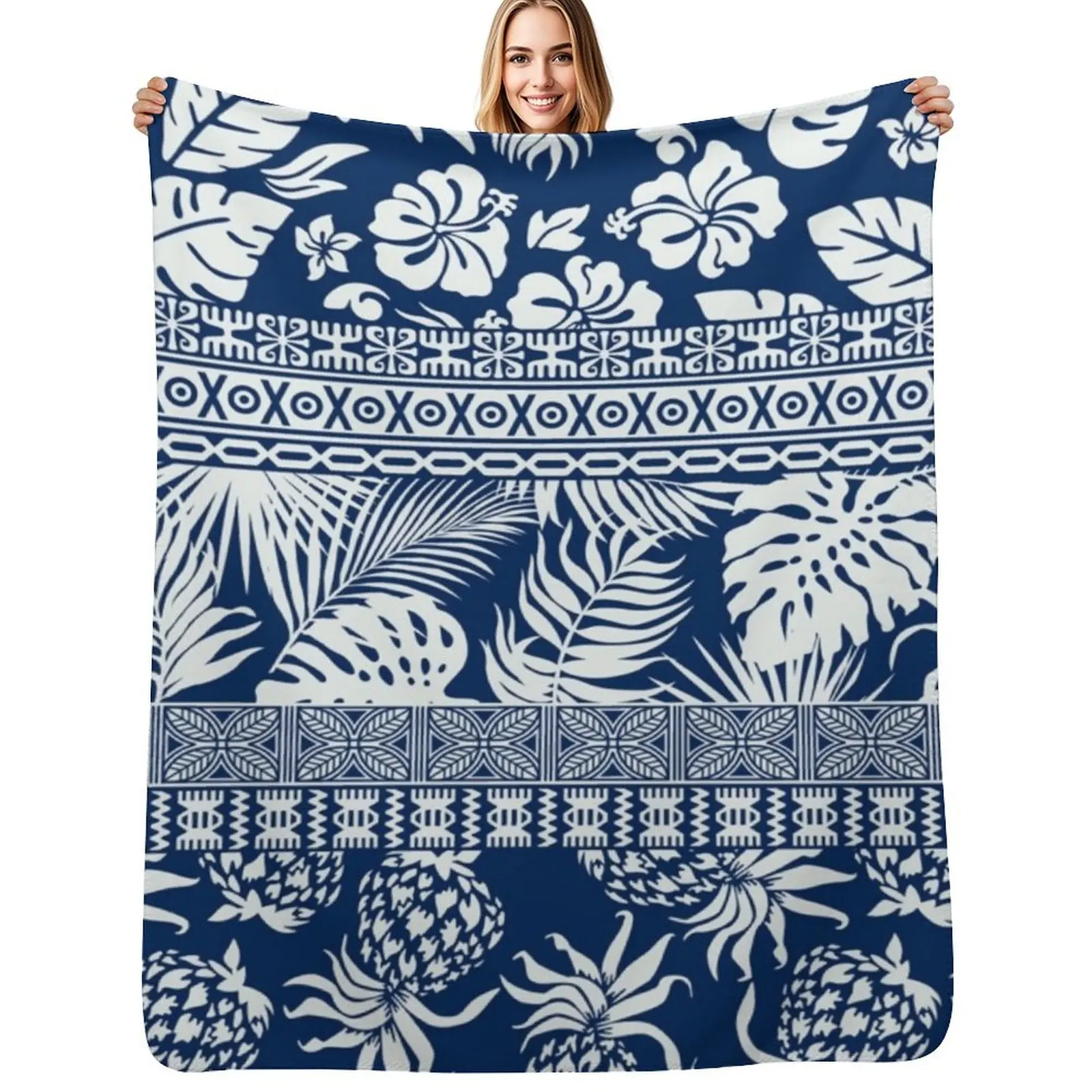 

Polynesian - Hawaiian Hibiscus Tribal blue Throw Blanket Large Thin For Decorative Sofa Flannels Blankets