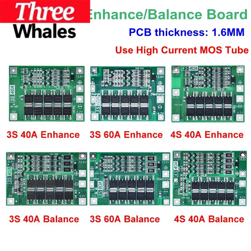3S 4S 20A 40A 60A Li-ion Lithium Battery Charger Protection Board 18650 BMS Drill Motor 11.1V 12.6V/14.8V 16.8V Enhance/Balance