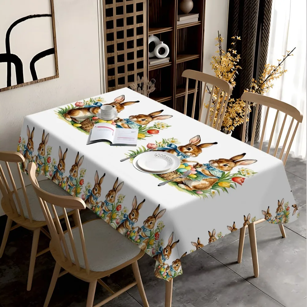Easter Bunny Egg Flowers Waterproof Tablecloth Table Decor Reusable Farmhouse Kitchen Dining Tablecloth Easter Decorations