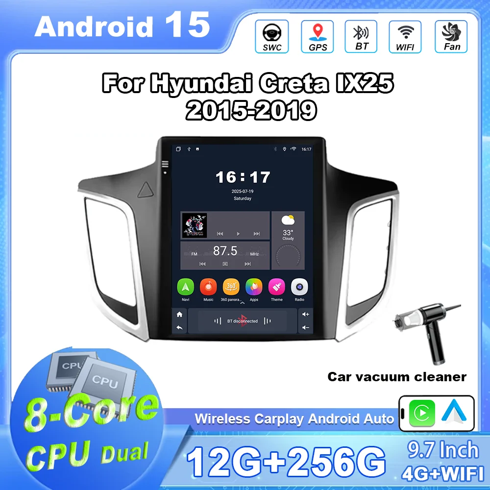 

Автомобильное радио Android 15 для Hyundai Creta IX25 2015-2019, мультимедийный Carplay без 2Din, GPS, стерео DVD, видеоплеер, навигация, GPS