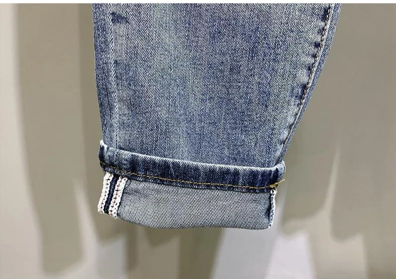 Trendy Brand Summer Denim Pants Men's High Street  Embroidery Korean Slim-fitting Versatile Elastic Youth Pants Denim Jeans