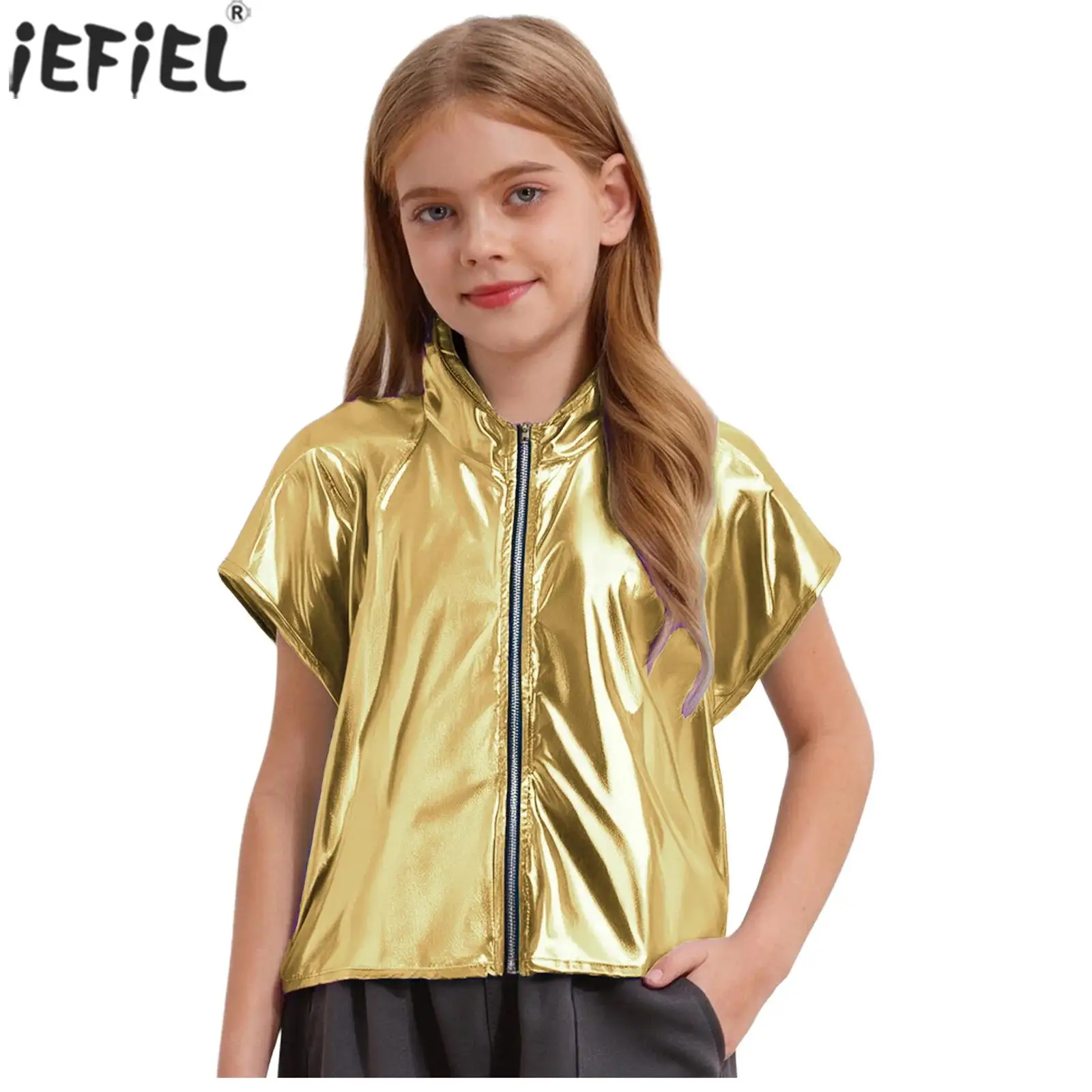 Kids Metallic Hooded T-Shirts Vest Sleeveless Zipper Shiny Jazz Hip Hop Dance Hoodie Shirts for School Show Stage Performance