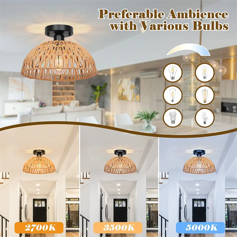 Bohemian Rattan Ceiling Light with Mid-Century Handwoven Pendant Design E27 Base modest ceiling lamps home decor