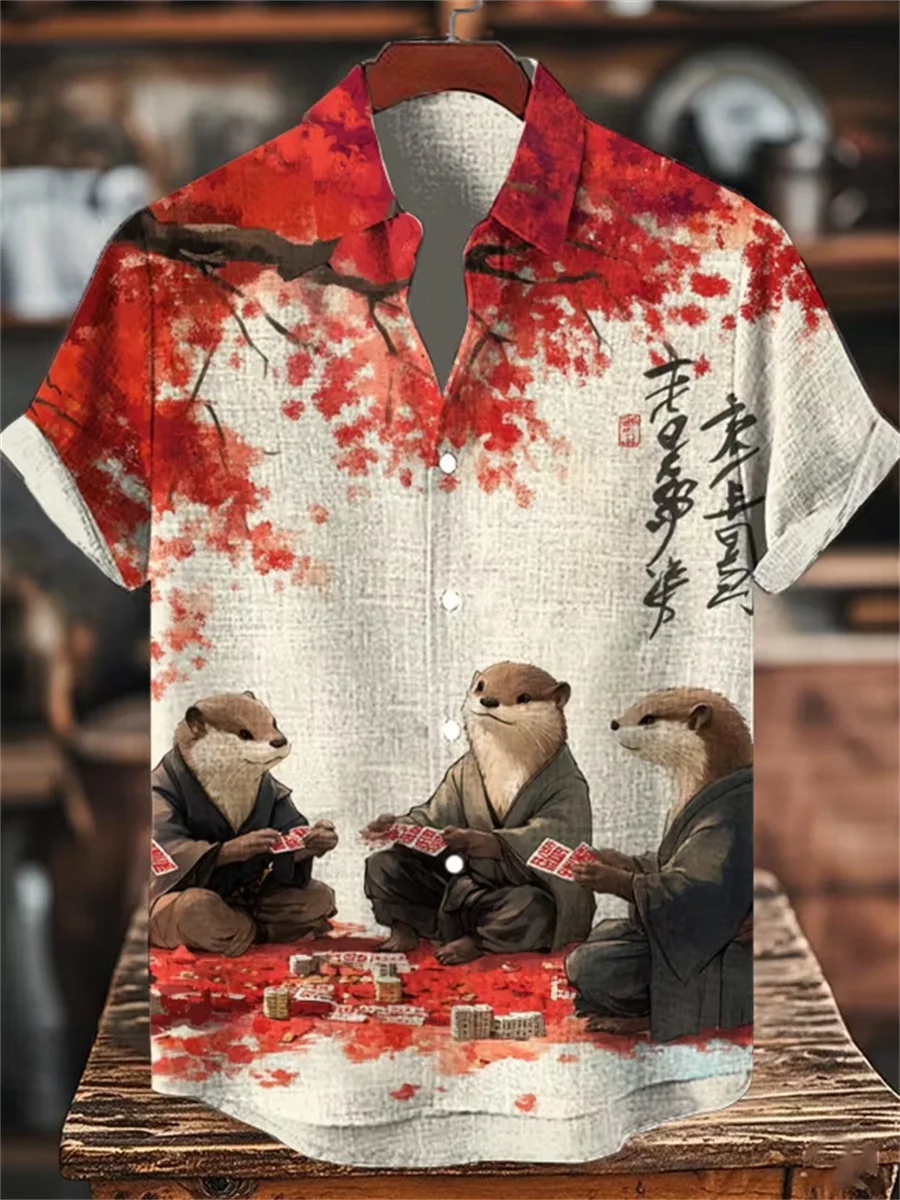 Retro Hawaiian men's short sleeved linen shirt, button design, digital printing, casual and comfortable, fashionable dressing
