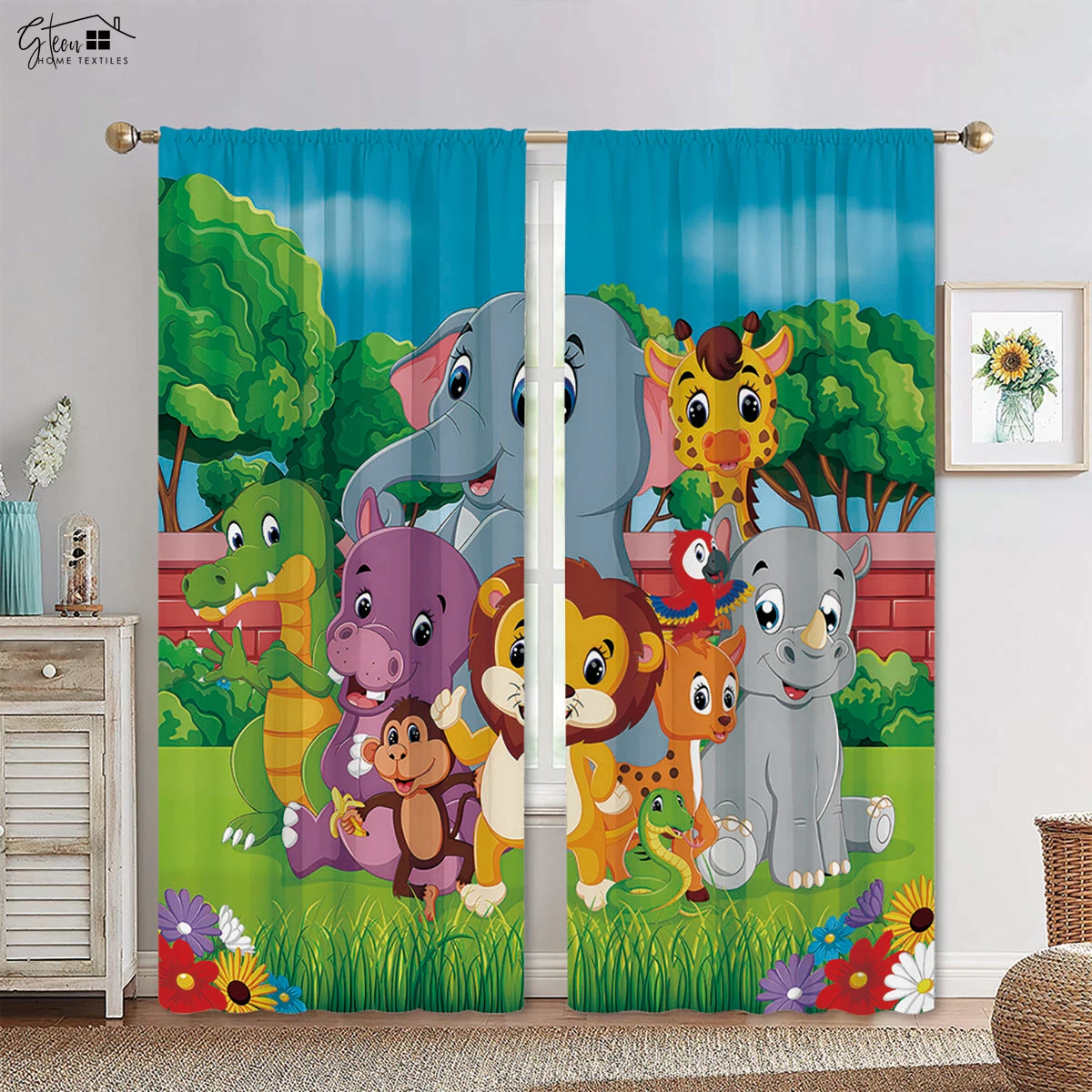 Cartoon Animal Curtains Tiger Lion Bear Elephant Monkey Zebra Deer Fox Crocodile Rhino Snake Turtle Owl Children Curtains 2PCS