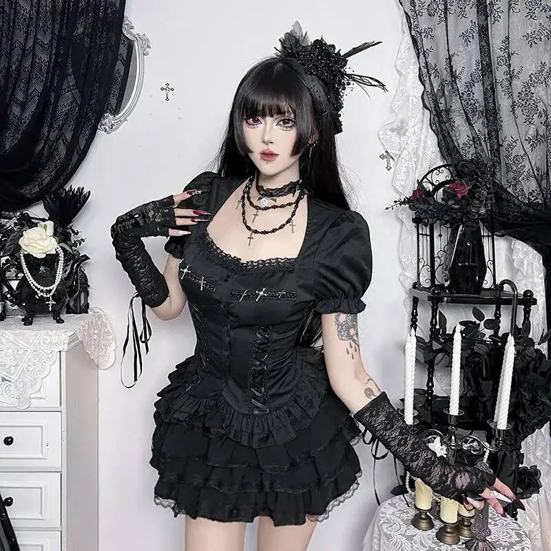 

Gothic Subculture Women 2 Piece Outfit Set Square Neck Puff Sleeve Shirt Lace Up Corset Multi-Layer Ruffled Skirt Punk Y2K Daily