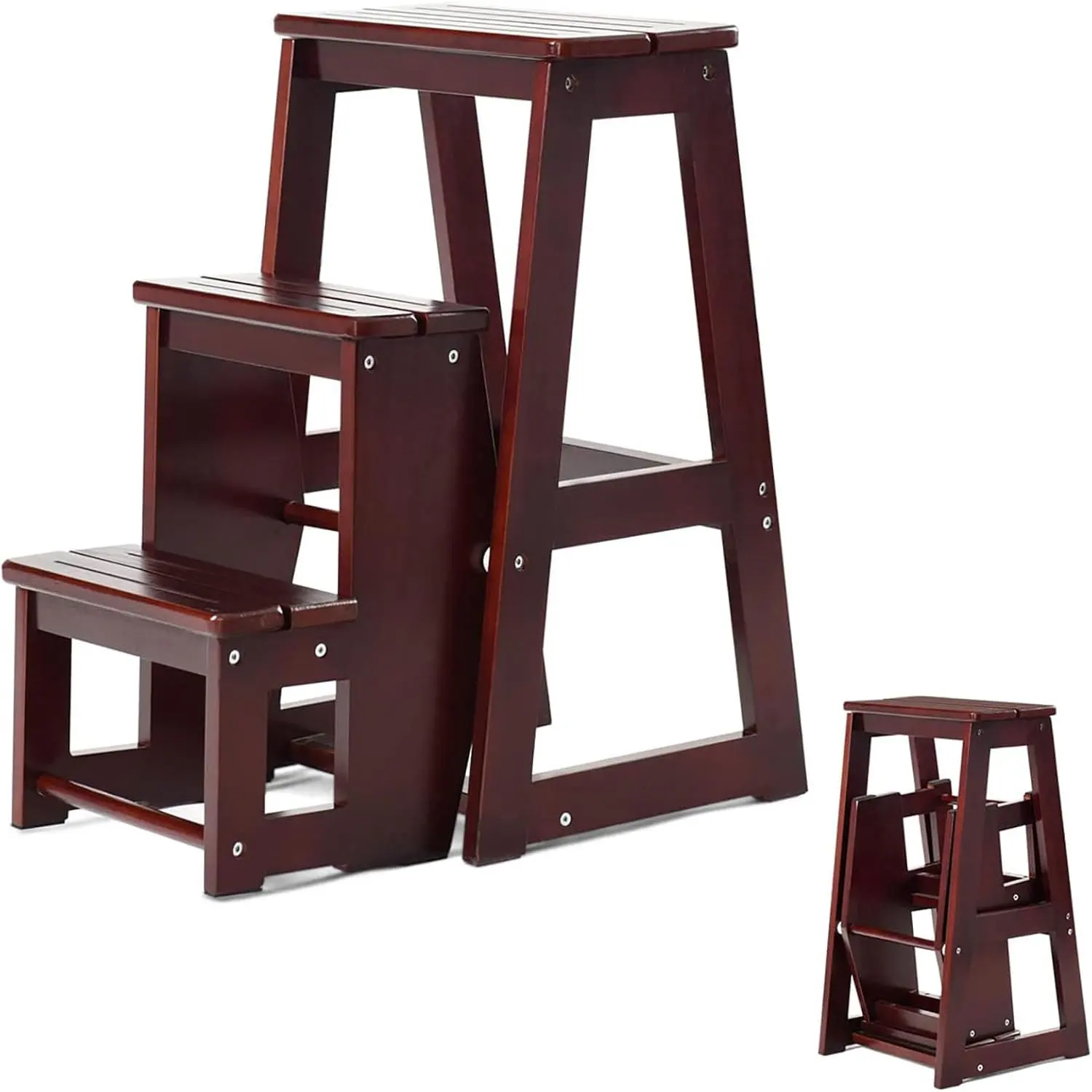 Tritthocker, 3 Stufen, Klappleiter, Hockerleiter bis 150 kg, 66 cm hoch, Trittleiter aus Massivholz, Haushaltsleiter