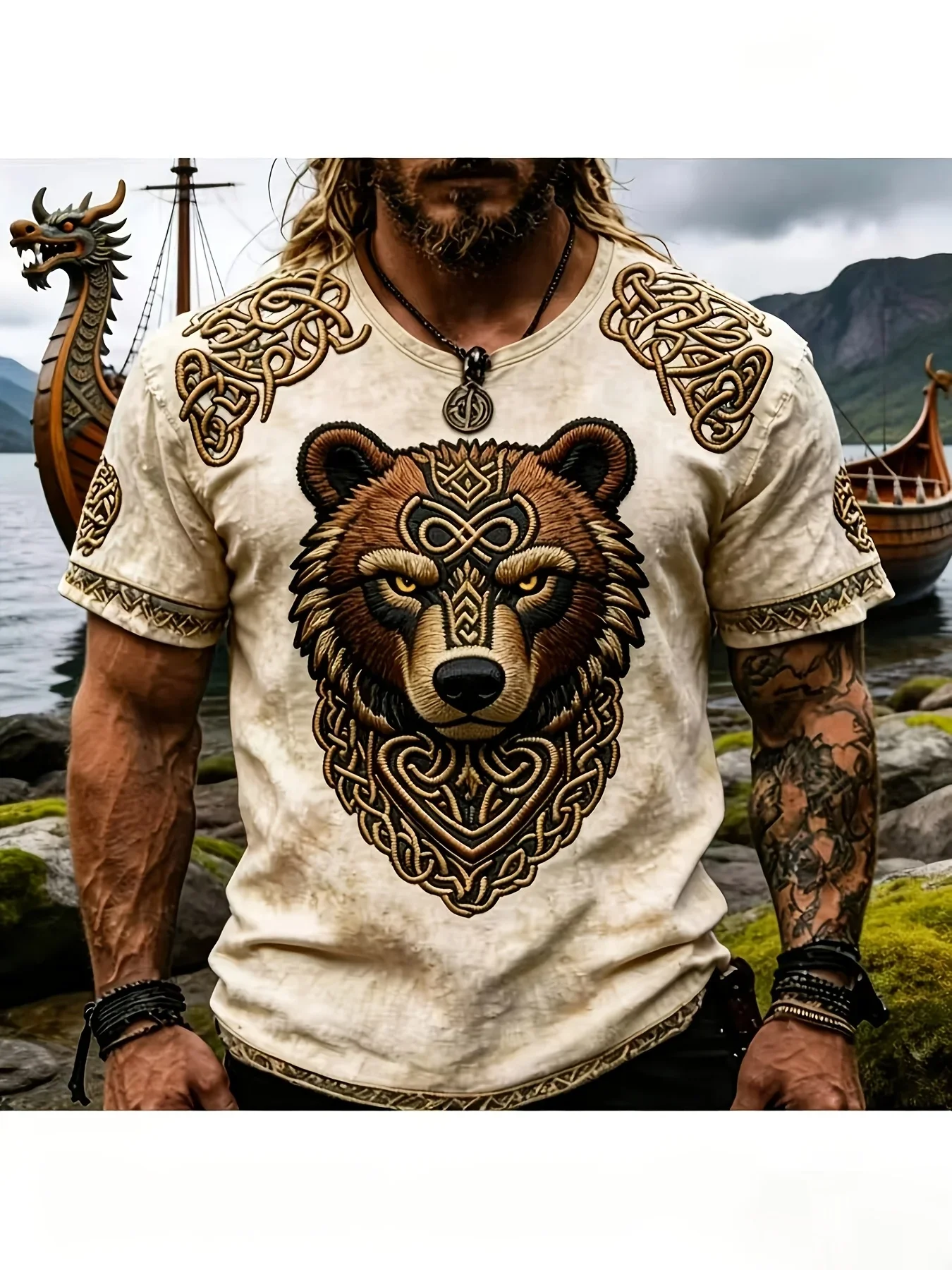 2026 Summer Retro Street Distressed Men's T-shirt with Viking Bear, Celtic Knot, 3D Printing, Loose Round-neck Short Sleeves