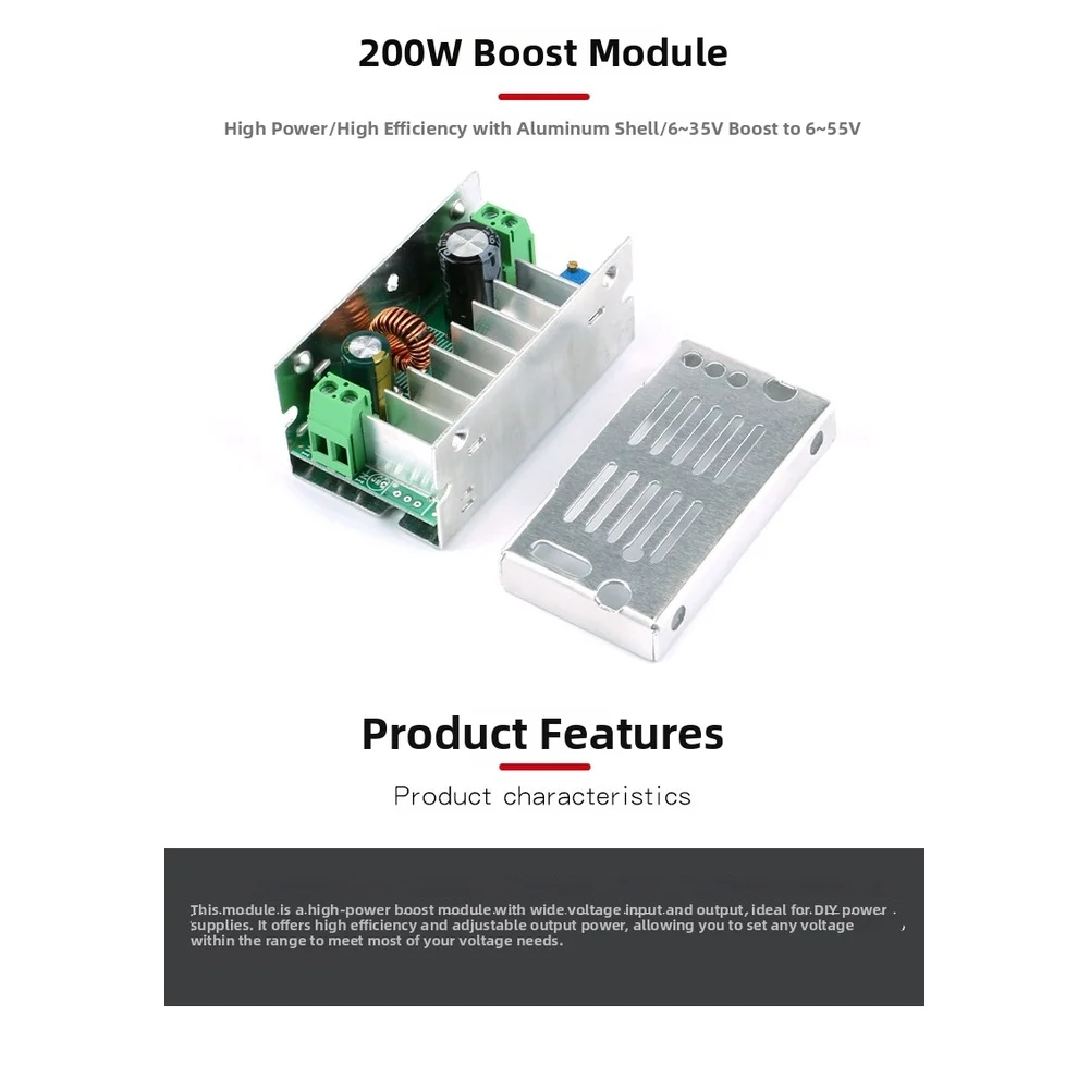 200W Adjustable DC DC Boost Module 6-35V Input 6-55V Output 97.6% Efficiency Aluminum Alloy Enclosure 70x39x32mm