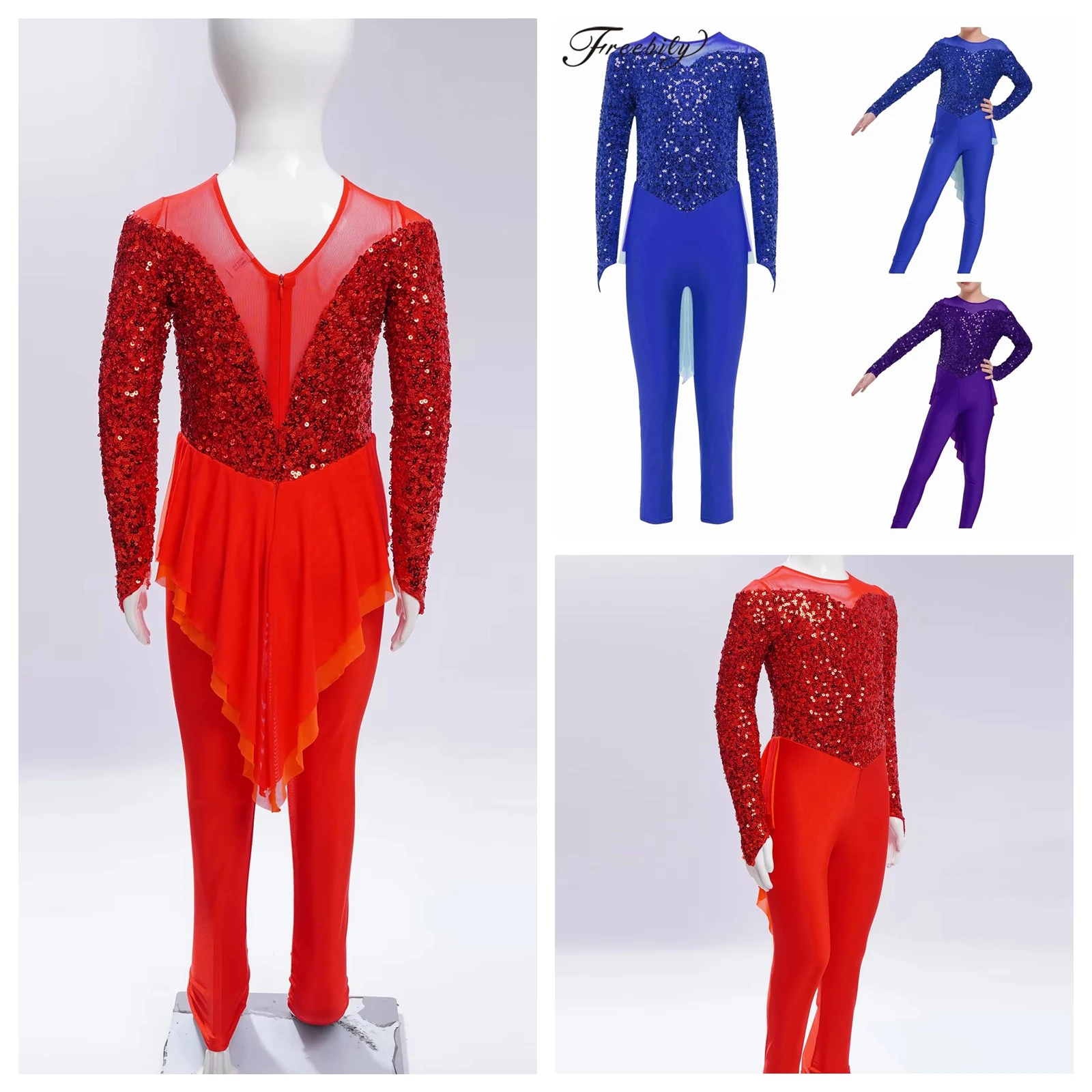 Kids Girls Shiny Sequins Dance Jumpsuit Long Sleeve Gymnastic Leotard Skirted Bodysuit for Performance Gymnastics Leotards