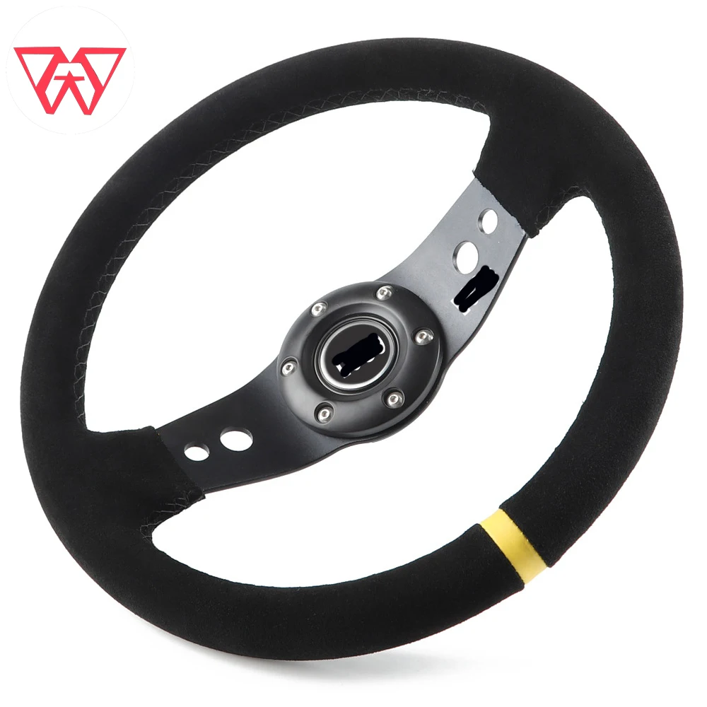 Universal 13 inch 330mm Suede Leather Steering Wheel 2 Spoke Racing Sports Deep Dish Steering Wheel Yellow Stripe