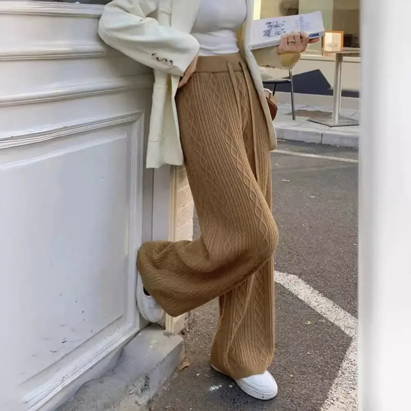 Knitted Thickened Fried Dough Twists Casual Straight Trousers Women Autumn Winter High Waist Loose Wool Wide Leg Pants Mop Pants