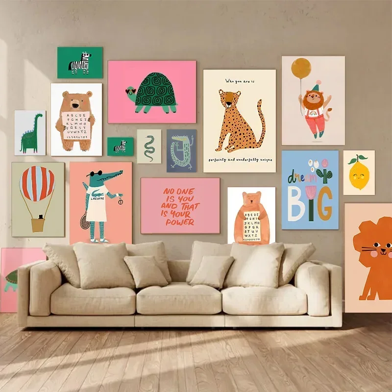 Unframe Zebra Lion Turtle Alphabet Trendy Cute Animals Cartoon Poster Gallery Wall Living Room Bedroom Decoration Canvas Wall Ar