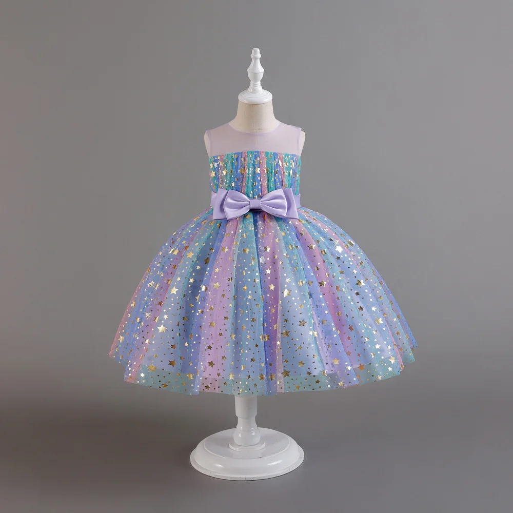 

Cute Style Kids Zippered Formal Dress Birthday Dress with Bow Piano Catwalk Skirt Girls Skirt Children Evening Gown Color Block