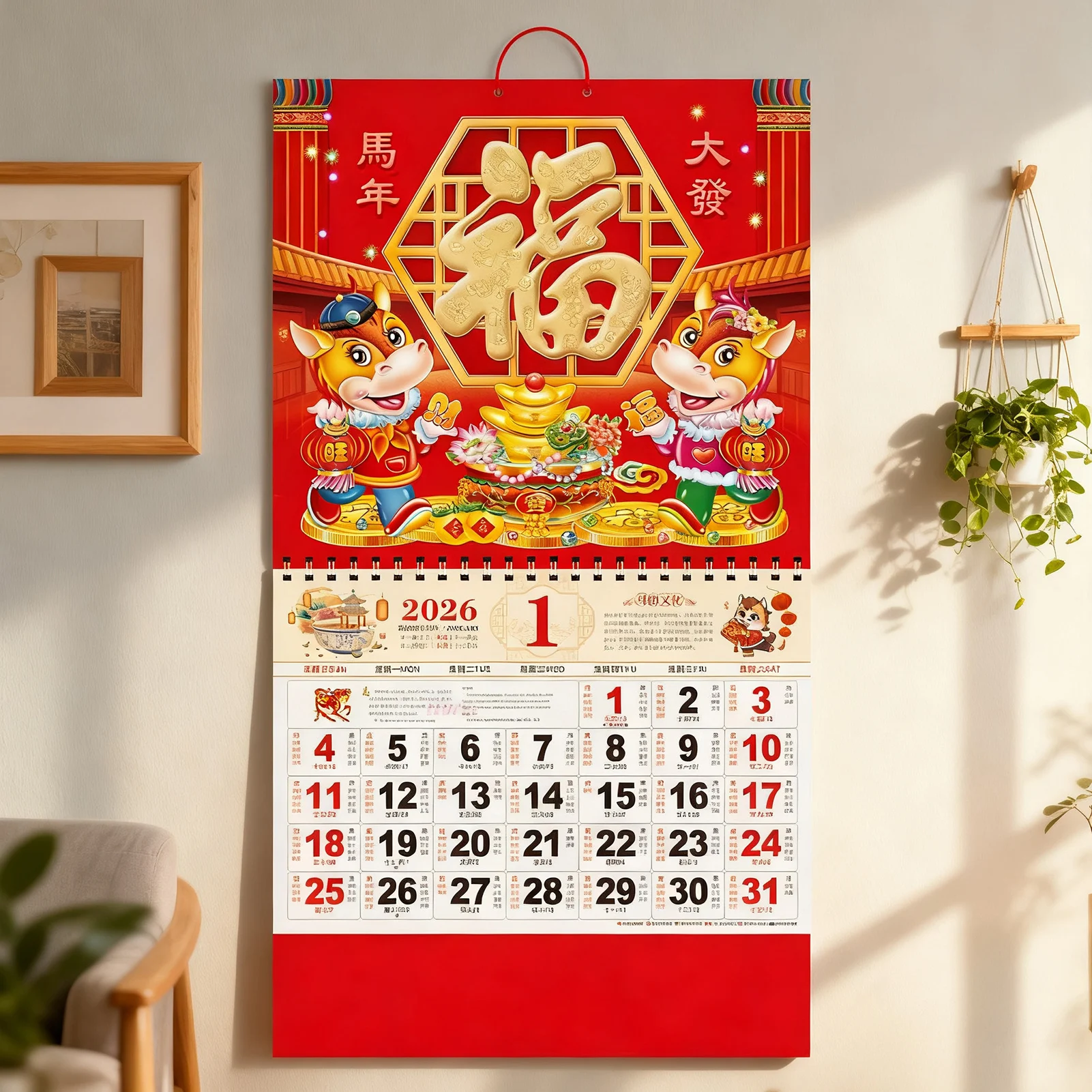 2026 السنة الصينية الجديدة التقويم سنة الحصان جدار التقويم القمري الشهري للمكتب الصيني ديكور للتعليق على الحائط #2
