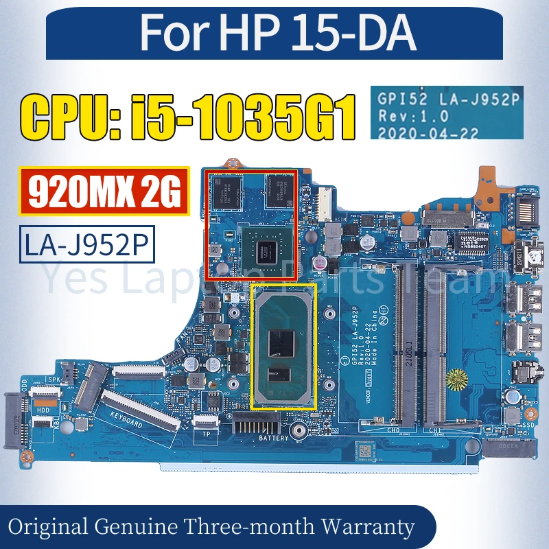 

GPI52 LA-J952P For HP 15-DA Laptop Mainboard SRGKG i5-1035G1 N16V-GMR1-S-A2 920MX 2G 100％ Tested Notebook Motherboard